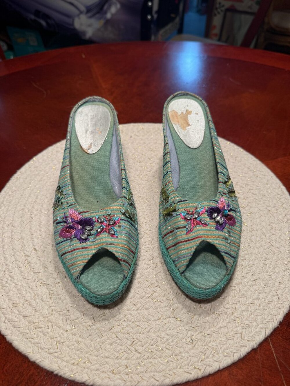 Belle Marie Teal Rattan Mules